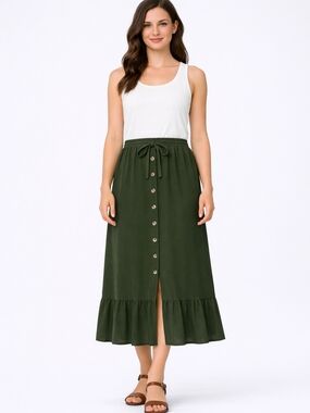 NWT dip® Women's Dark Olive Button-Front Midi Skirt Size XL